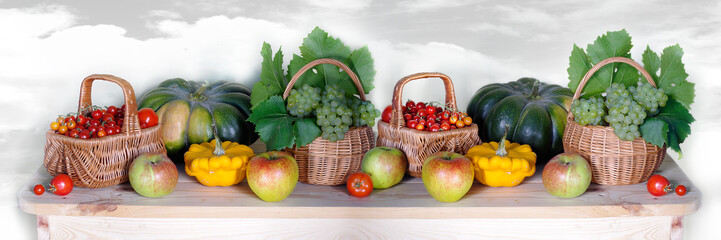 Autumn panorama with pumpkins, apples, tomatoes, grapes, zucchini.Autumn still-life.Thanksgiving day.