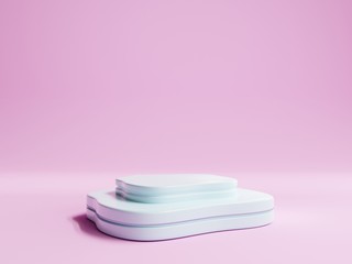 Minimalist blue  pedestal for product showcase on a pastel pink background. Empty stage. Abstract shape. 3d render illustration
