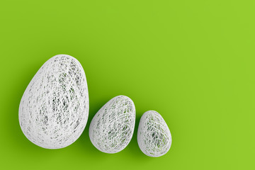 Easter concert. Three eggs woven from many thin threads lying on a uniform background. 3D illustration.