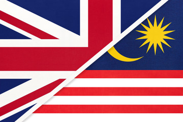 United Kingdom vs Malaysia national flag from textile. Relationship between two european and asian countries.