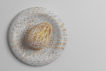 Easter concert. An egg woven from a variety of thin metallic shiny threads painted in bright colors lies on a round stand nest on a plain white background. 3D illustration.