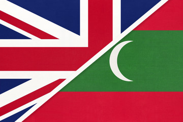 United Kingdom vs Maldives national flag from textile. Relationship between two european and asian countries.