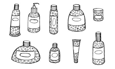 Skin care cosmetic hand drawn vector illustration. Cream, parfume, Serum drop and Face gel or lotion icons. 24 hour face care cream protection. Medical skin cosmetic.