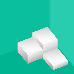 Rectangular boxes for demonstration, green wall and floor, white podium stand, vector illustration