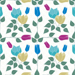 Vector Floral Medallion in Blue Pink Yellow Aqua with Green Leaves Scattered on White Background Seamless Repeat Pattern. Background for textiles, cards, manufacturing, wallpapers, print, gift wrap