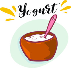 White yogurt in  container and in spoon isolated on white background.