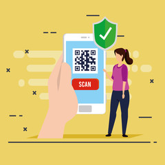 scan code qr in smartphone with woman and icons vector illustration design