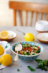 ROASTED CAULIFLOWER SALAD WITH LEMON TAHINI DRESSING..life style .selective focus