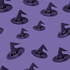Blue witches' hats on blue background. Halloween seamless pattern. Wizardry. print, packaging, wallpaper, textile, fabric design