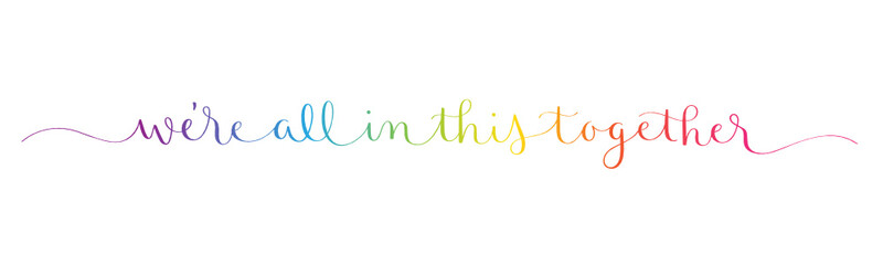 WE'RE ALL IN THIS TOGETHER rainbow vector brush calligraphy banner with swashes
