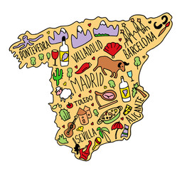 Colored Hand drawn doodle Spain map. Spanish city names lettering and cartoon landmarks,