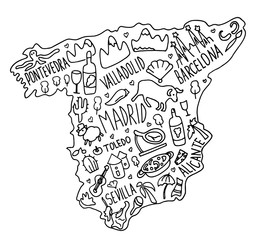 Hand drawn doodle Spain map. Spanish city names lettering and cartoon landmarks,