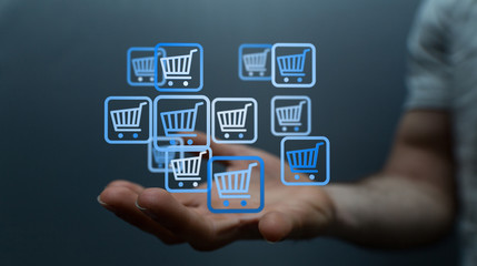 Online shopping business concept selecting shopping cart.