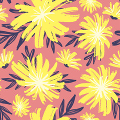 Dandelion floral seamless pattern. Pastel crayon flowers for textile, print, apparel, clothes. Doodle seamless pattern. Hand drawn vector illustration