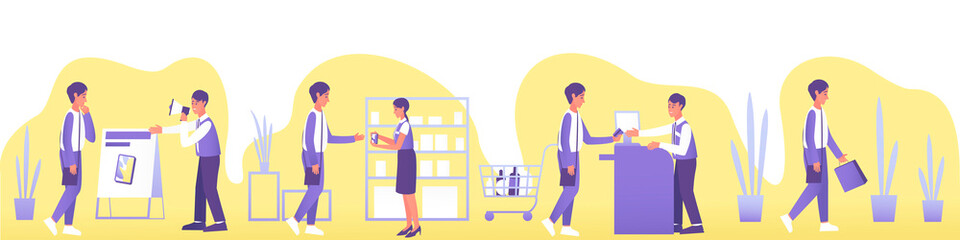Modern travel buyer men, great design for any purposes. Business people. Happy shopper. Customer journey concept. Customer service concept. Retail concept. Flat vector illustration.