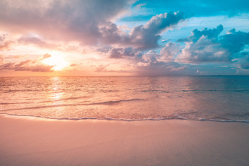 Sea sand sky concept, sunset colors clouds, horizon, horizontal background banner. Inspirational nature landscape, beautiful colors, wonderful scenery of tropical beach. Beach sunset, summer vacation