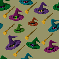 seamless pattern with wizard's hats and broomsticks on grey background. Halloween print. Wallpaper, textile, packaging design. Witchcraft