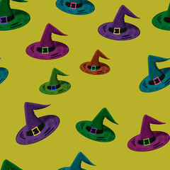 seamless pattern with multicolored witch's hats on yellow background. Halloween print. Witchcraft. Magic. Wallpaper, textile, fabric design