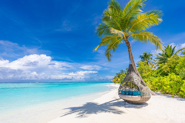Tropical beach background as summer landscape with beach swing or hammock and white sand and calm...