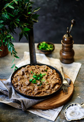 Chicken hearts with onions and mushrooms.