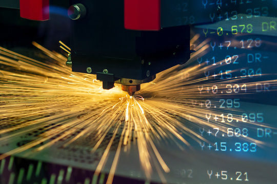 The abstract scene ofn fiber laser cutting machine cutting the sheet metal  plate and the G-code data background.  The hi-technology sheet metal manufacturing process by laser cutting machine.