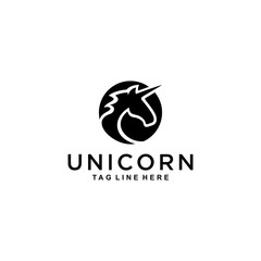 Unicorn head silhouette with sharp horns in a circle that protects it from the outside logo design.