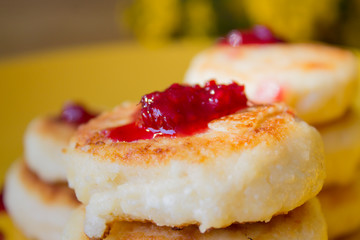 Cheese Pancake with raspberry sauce
