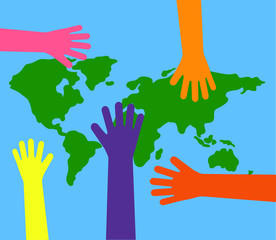 People hands and world map on background. Cartoon. Vector illustration.