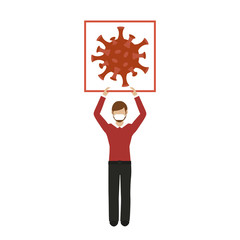 man with mouthguard holds up sign with virus symbol vector illustration EPS10