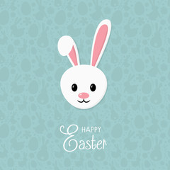 Easter composition with cute bunny on blue background. Greeting card. Vector