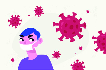 Illustration of a man in a protective mask. Vector. Epidemic. Worldwide pandemic corona virus 19. A healthy person in a medical mask. Protection against viruses and bacteria.