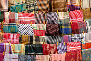 Colorful Bedouin scarfs for sale at one of the stalls in the historical city of Petra