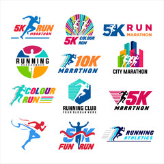 Running club logo templates set, emblems for sport organizations, tournaments and marathons colorful vector Illustrations