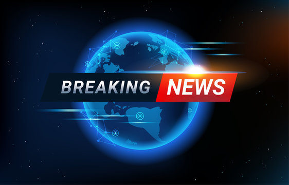 Breaking News background with world map backdrop. Blue Global connectivity line and headline bar for modern futuristic news template with technology sun light effect for TV studio.