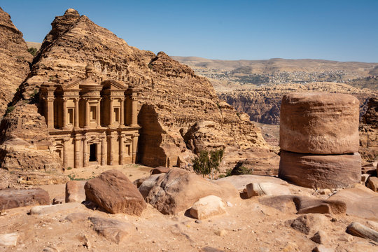 View on the Monastery of Petra, Jordan, on a sunny day with clear blue sky. 