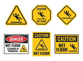 wet floor danger caution sign set, slippery floor warning notice