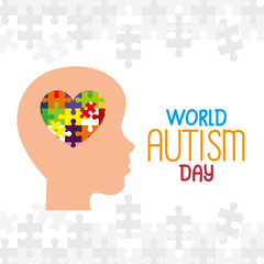 world autism day with head profile and puzzle pieces vector illustration design