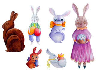 Easter bunnies. Cute bunny characters. Isolated watercolor stylized figures for decorative and design implementation. Rabbits in different poses with eggs and easter cake. Chocolate bunny. 