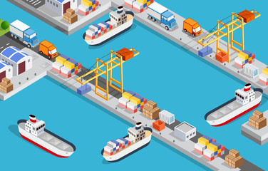 Isometric City industrial port with transport boat 3D illustration - obrazy, fototapety, plakaty