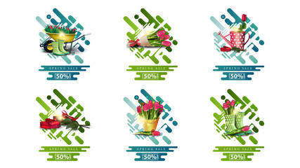 Spring sale, up to 50% off, large collection discount pop ups in liquid abstract style with spring icons isolated on white background. Green and blue spring discount banner