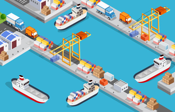 Isometric City industrial port with transport boat 3D illustration