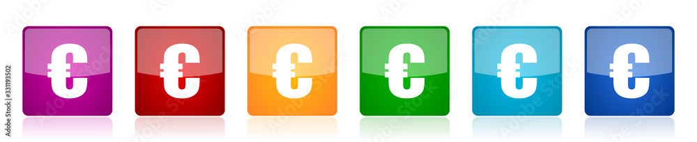 Poster Euro icon set, colorful square glossy vector illustrations in 6 options for web design and mobile applications