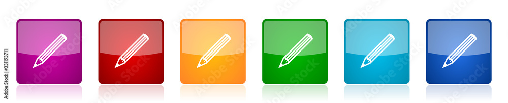Poster Pencil icon set, colorful square glossy vector illustrations in 6 options for web design and mobile applications