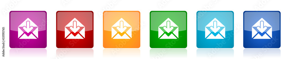 Aufkleber Email icon set, colorful square glossy vector illustrations in 6 options for web design and mobile applications
