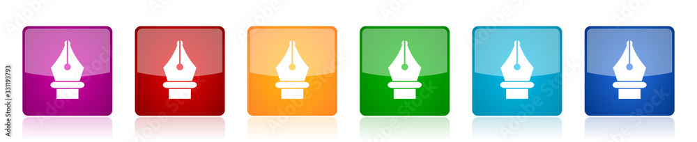 Poster Pen icon set, colorful square glossy vector illustrations in 6 options for web design and mobile applications