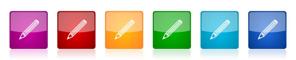 Pencil icon set, colorful square glossy vector illustrations in 6 options for web design and mobile applications