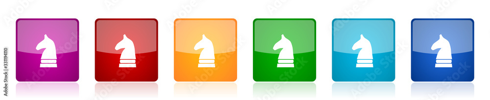 Poster chess horse icon set, colorful square glossy vector illustrations in 6 options for web design and mo