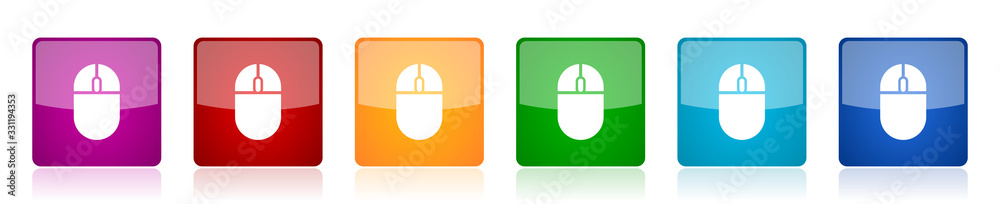 Poster Mouse, computer icon set, colorful square glossy vector illustrations in 6 options for web design and mobile applications