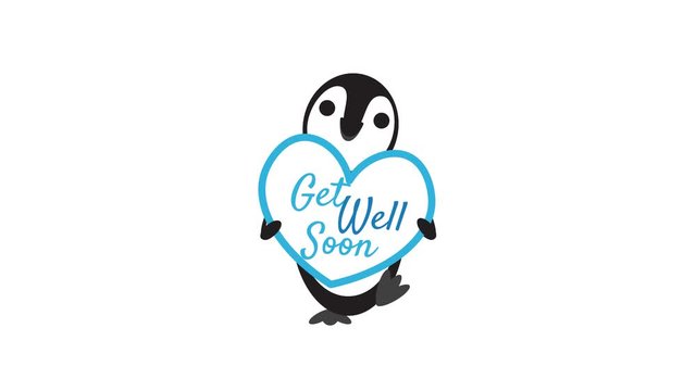 Cute Penguin Holding Get Well Soon Heart Shape Sign