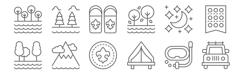 set of 12 scouts icons. outline thin line icons such as car, tent, mountain, night, sleeping bag, forest - obrazy, fototapety, plakaty